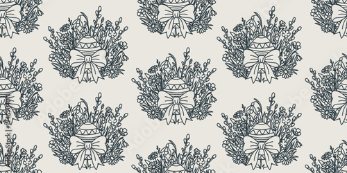 Festive Easter seamless pattern with rows of hanging pink and blue eggs decorated with geometric and wavy ornaments on ribbons. Ideal for textile printing, wrapping paper and holiday decor.