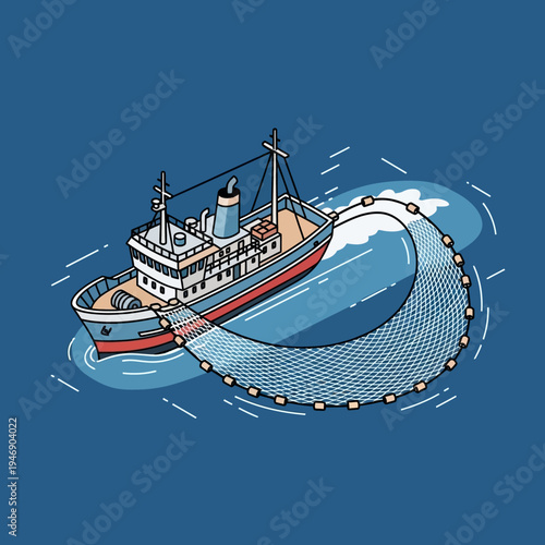 An illustration of a fishing trawler casting a large net in the ocean.
