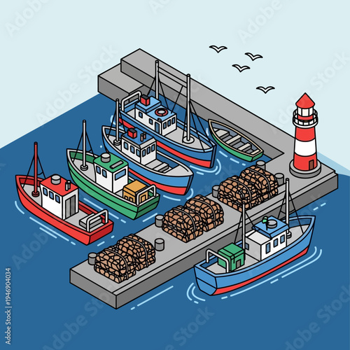 Illustration depicting a harbor scene with fishing boats, a lighthouse, and a pier.