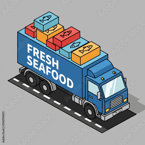 Isometric illustration of a blue seafood delivery truck transporting boxes of fresh fish.