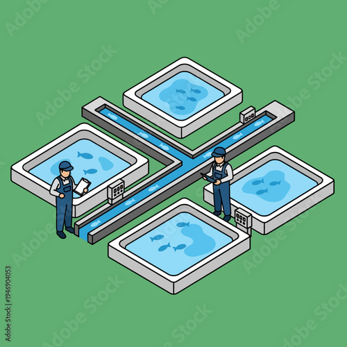 Isometric illustration of a fish farm with workers monitoring the process and tanks.