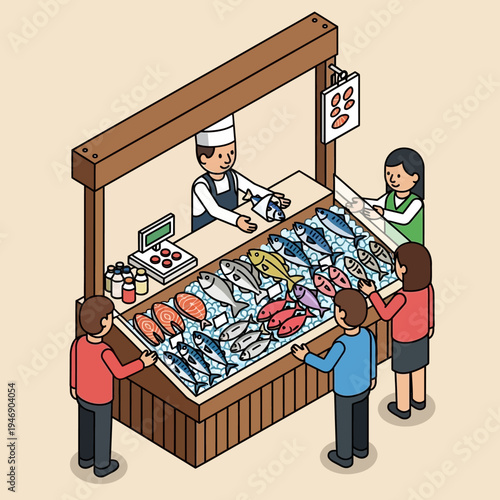 Isometric illustration of a fish market stall with customers and vendors, selling fresh seafood.