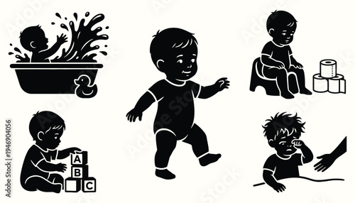 Baby daily activities and development milestones silhouette set