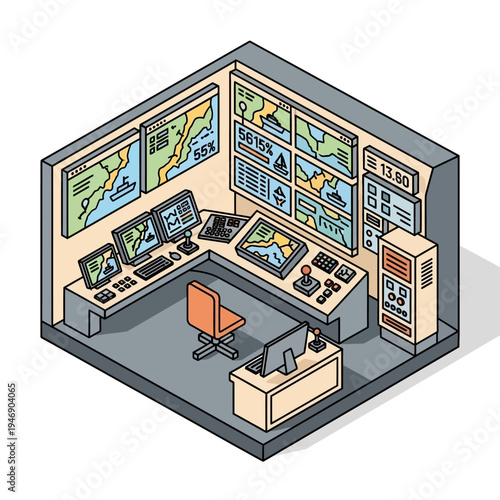 Isometric view of a control room with multiple screens and consoles.