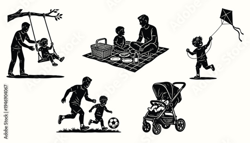 Father and son outdoor activities linocut illustration set