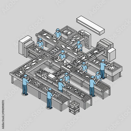 Isometric view of a fish processing factory with workers and conveyor belts.