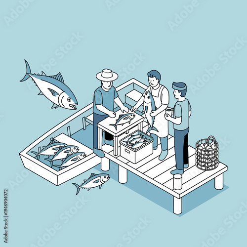 Isometric illustration of fishermen processing tuna on a wooden dock with a boat.
