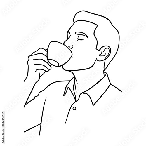 Dibujo sencillo con líneas de un hombre con camiseta de manga corta de pie bebiendo una taza de café