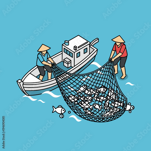 Two fishermen in conical hats pulling a fishing net full of fish onto a boat.