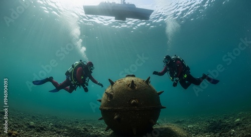 Two scuba divers explore an underwater mine with a large warship in the background.
