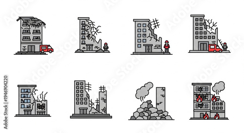 Pixel Art Depicting Buildings Damaged by Natural Disasters.