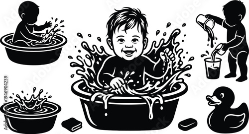 Baby bath time illustrations set with splashing water and rubber duck