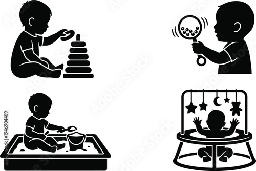 Set of baby playing silhouette icons showing early childhood development activities