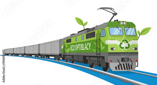 EcoFriendly Green Electric Train Moving on Tracks. Vector Illustrations. EPS Editable