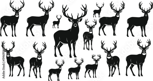 Deer silhouette collection featuring stags with antlers, buck standing in various poses, elegant forest wildlife vector icons set for hunting, logos.