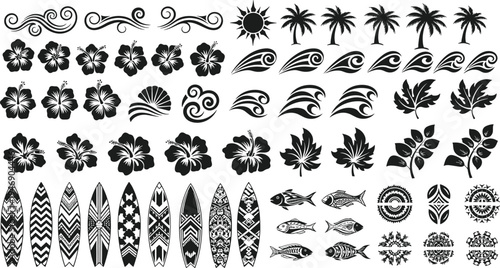 Collection of tropical surf silhouettes including surfboards, hibiscus flowers, palm trees, ocean waves, and tribal sun elements for summer vacation designs.