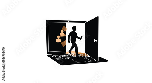 man stepping out of laptop screen into virtual reality