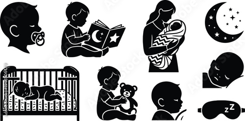 Baby sleep and bedtime routine silhouette icon set