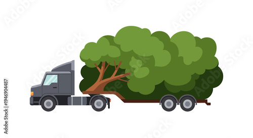 EcoFriendly Truck Transport Carrying Large Green Tree. Vector Illustrations. EPS Editable