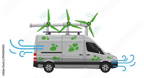 EcoFriendly Wind Power Van with Solar Panels and Wind Turbines. Vector Illustrations. EPS Editable
