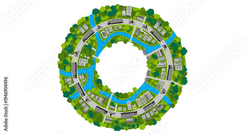 EcoFriendly Urban Development Circular City Model with Green Spaces and Modern Architecture. Vector Illustrations. EPS Editable