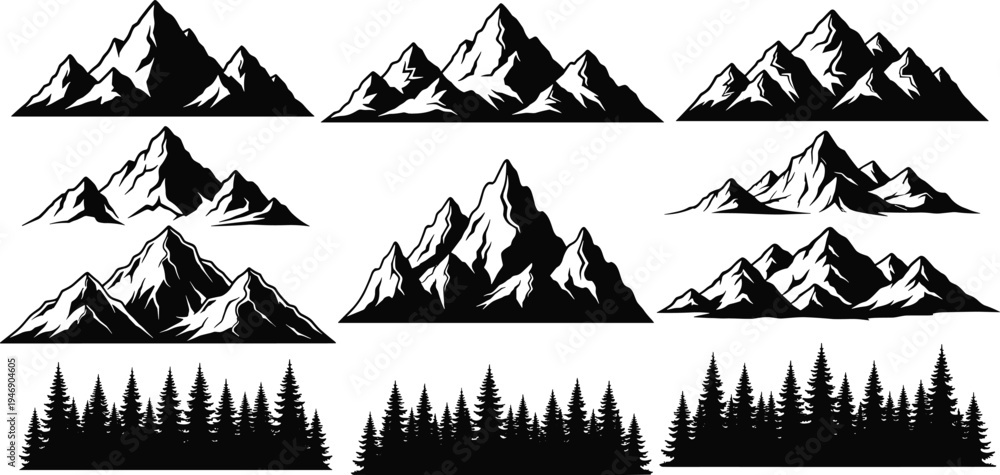 Obraz premium Mountain peak silhouette collection featuring pine forest treeline, rugged outdoor nature landscape, elegant wilderness vector icons set for camping, adventure logos.