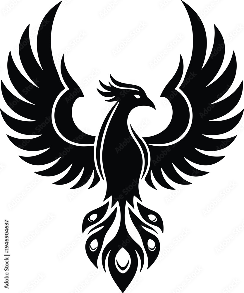 Fototapeta premium Phoenix silhouette featuring mythical fire bird, rising eagle mascot, tribal wings, elegant black rebirth symbol vector icon for logos, tattoos.