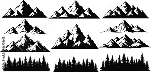 Mountain peak silhouette collection featuring pine forest treeline, rugged outdoor nature landscape, elegant wilderness vector icons set for camping, adventure logos.