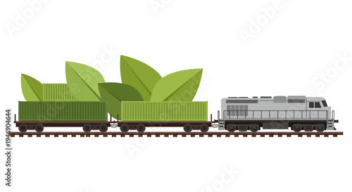Modern Green Train with EcoFriendly Leaf Design on Railway Track. Vector Illustrations. EPS Editable