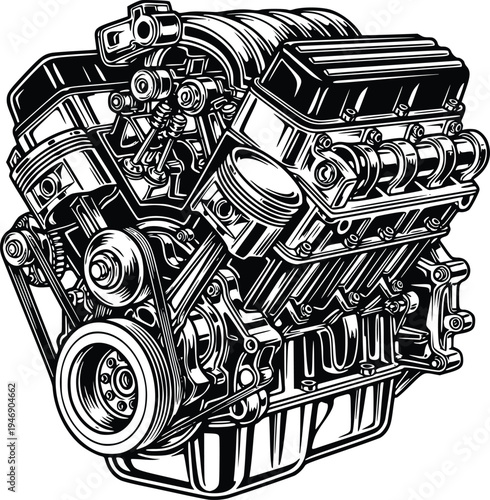 Supercharged V8 Engine Mechanical Illustration Hand Drawn Vector