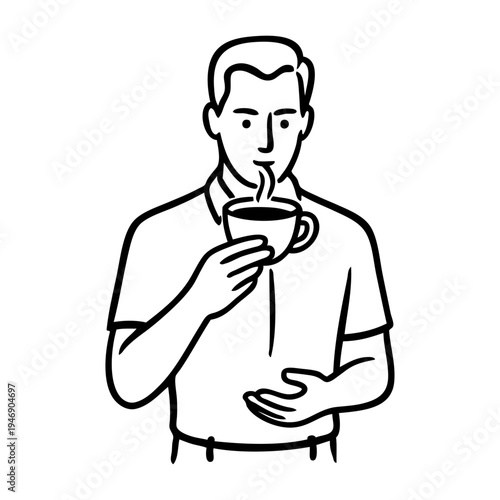 Dibujo sencillo con líneas de un hombre con una camisa de manga corta de pie sujetando una taza de café humeante con la mano