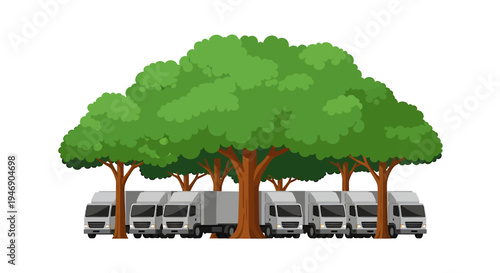 Parking Lot with Large Green Trees and Multiple Vehicles. Vector Illustrations. EPS Editable