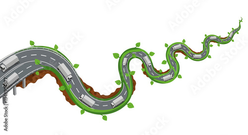 Aerial View of Winding Highway Surrounded by Greenery and Trees. Vector Illustrations. EPS Editable
