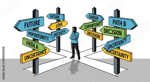 Man at crossroads with signs.