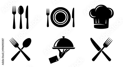 Vector illustration of a professional kitchen utensils set featuring essential cooking tools like a fork, spoon, knife, and pot silhouette icons for restaurant chef and kitchenware design