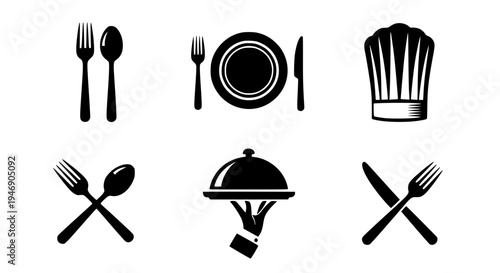 Vector illustration of a professional kitchen utensils set featuring essential cooking tools like a fork, spoon, knife, and pot silhouette icons for restaurant chef and kitchenware design