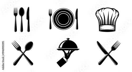 Vector illustration of a professional kitchen utensils set featuring essential cooking tools like a fork, spoon, knife, and pot silhouette icons for restaurant chef and kitchenware design