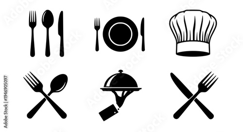 Vector illustration of a professional kitchen utensils set featuring essential cooking tools like a fork, spoon, knife, and pot silhouette icons for restaurant chef and kitchenware design