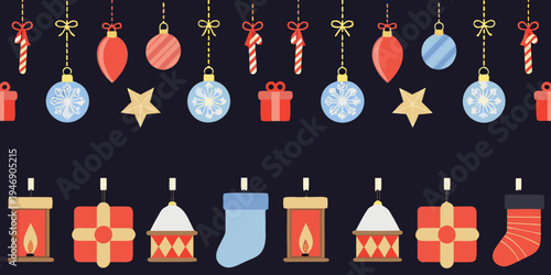 Festive christmas ornaments and gifts hanging against a dark background