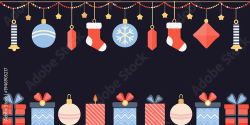 Colorful christmas ornaments and gifts hang against a dark background