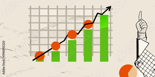 Growth chart illustration with an upward trend and pointing hand graphic