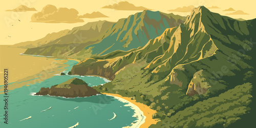 USA, US, U.S, United States - Kauai Lush Cliffs and Coastline Aerial Sunset Panorama | Tropical Island Paradise Landscape Wall Art Poster | Hawaii USA Scenic Print