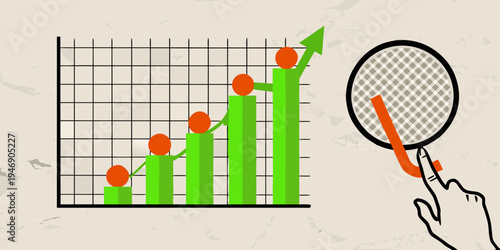 A hand examines a rising bar graph with green columns and orange points
