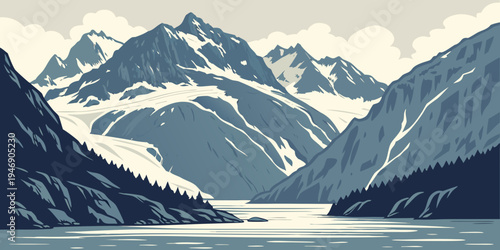 USA, US, U.S, United States - Kenai Fjords National Park Glaciers and Ocean Panorama | Dramatic Icy Alaska Wilderness Landscape Wall Art Poster | USA Scenic Print