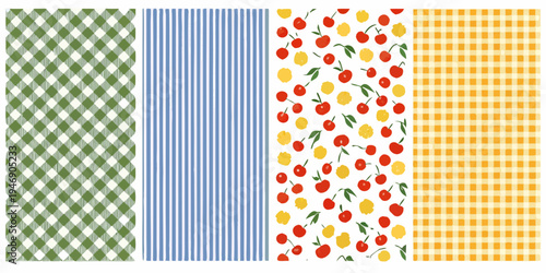 Four patterned fabric swatches displaying gingham stripes fruit and checks