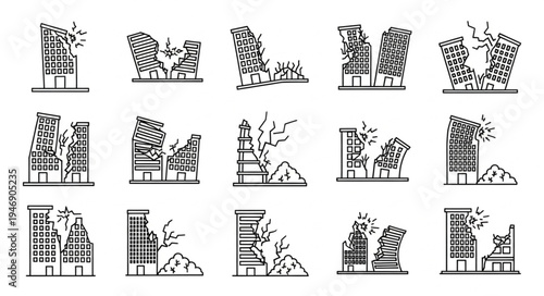 Earthquake Devastation - Collapsed Buildings and Infrastructure Damage Illustrations.