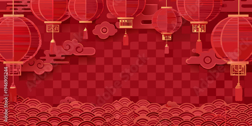 A vibrant red background featuring traditional chinese lanterns and decorative elements