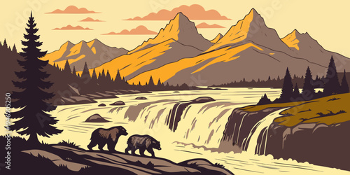USA, US, U.S, United States - Katmai National Park Bears Fishing at Waterfall Sunrise Panorama | Dramatic Alaska Wildlife Landscape Wall Art Poster | USA Scenic Wilderness Print