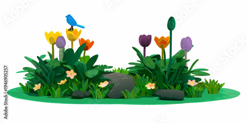 A colorful flowerbed with a small blue bird perched on a stem