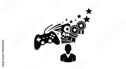 gamer achievement concept with controller and awards